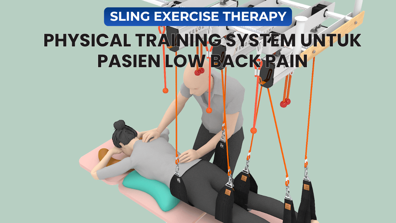 Pasien menjalani terapi dengan sling therapy dibantu terapis di meja fisioterapi