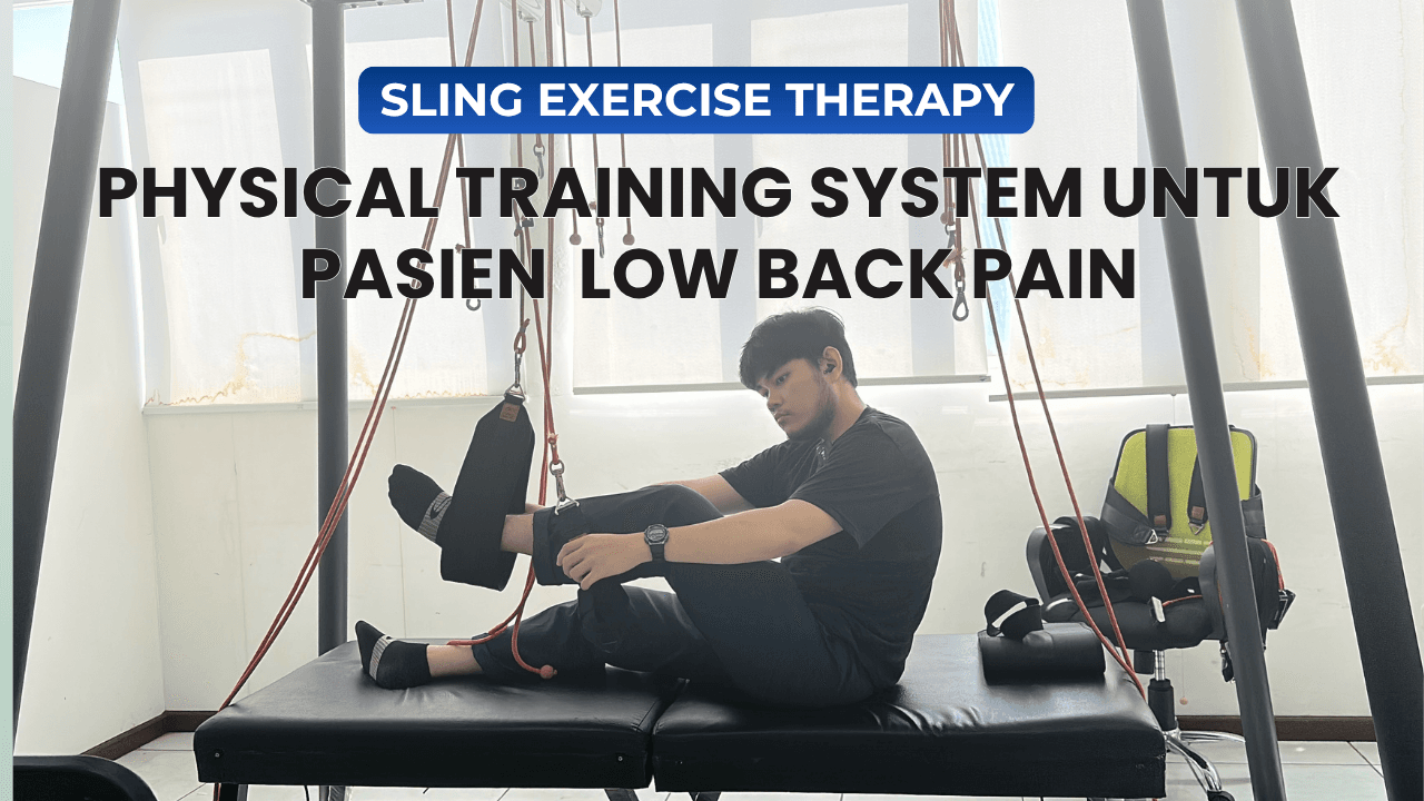 Pasien melakukan sling exercise therapy menggunakan alat sling untuk latihan fisik low back pain di klinik fisioterapi.